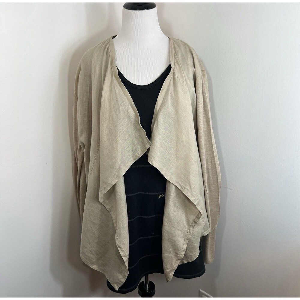 Calvin Klein Women Open Waterfall linen Front Cardigan Lagenlook Elbow Patches M